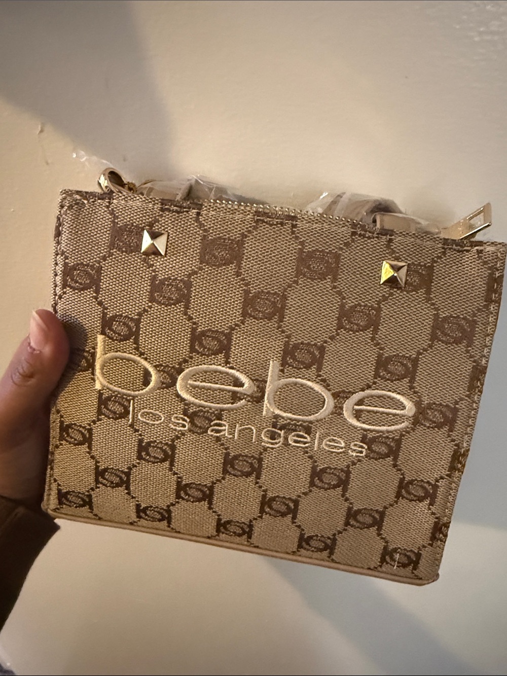bebe Tan Logo Mini Crossbody with Gold Studs